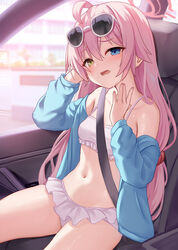  \||/ ahoge bare_shoulders bikini blue_archive blue_eyes blue_jacket blush breasts car car_interior chinese_commentary collarbone commentary_request eyewear_on_head female frilled_bikini frills hair_between_eyes hair_bobbles hair_ornament halo heterochromia highres hoshino_(blue_archive) hoshino_(swimsuit)_(blue_archive) jacket long_hair long_sleeves looking_at_viewer low_twintails milkshakework motor_vehicle navel official_alternate_costume open_clothes open_jacket open_mouth petite pink_hair pink_halo sitting small_breasts solo stomach sunglasses sweat swimsuit thighs twintails very_long_hair white-framed_eyewear white_bikini wilted_ahoge yellow_eyes 