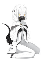  absurdres black_mask black_tail blue_archive chinese_commentary coat colored_skin commentary ein_(blue_archive) extra_pupils female flat_chest full_body highres kuyoumi long_sleeves looking_at_viewer mask mechanical_hands mechanical_tail medium_hair simple_background solo symbol-shaped_pupils tail white_background white_coat white_hair white_skin wide_sleeves x-shaped_pupils yellow_eyes 