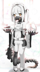  absurdres alternate_costume blue_archive breasts commentary ein_(blue_archive) english_commentary enmaided extra_pupils female full_body highres holding holding_tray maid maid_headdress mechanical_hands mechanical_tail orange_eyes respirator short_hair small_breasts standing symbol-shaped_pupils tail tray twintails unmi variant_set white_hair x-shaped_pupils 