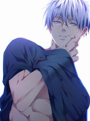  1boy absurdres blue_eyes blue_shirt clothes_lift gojou_satoru guilty_challenge_(meme) highres jujutsu_kaisen male_focus may_(illust_man_2020) meme shirt shirt_lift short_hair solo stomach teeth toned toned_male white_background white_hair 