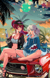  +_+ 2girls absurdres animal_costume bandeau barefoot baseball_cap bikini bikini_under_clothes black_footwear black_headwear black_jacket blue_eyes blue_hair blue_hoodie blue_nails bottle breasts car cleavage colored_inner_hair convertible earrings eyewear_on_head feet fins fish_tail food foot_out_of_frame ford ford_mustang ford_mustang_(1st_generation) gawr_gura gawr_gura_(1st_costume) gold_earrings gold_necklace grey_hair grey_shorts hair_ornament hat heart heart-shaped_eyewear heart_earrings heart_necklace heterochromia highres holding holding_bottle holding_food holding_popsicle hololive hololive_english hood hoodie houshou_marine houshou_marine_(summer) jacket jewelry large_breasts legs long_hair motor_vehicle multicolored_hair multiple_girls muscle_car nail_polish necklace official_alternate_costume open_mouth palm_leaf palm_tree plantar_flexion ponytail popsicle purple_hair red_eyes red_hair red_jacket sandals shark_costume shark_girl shark_hair_ornament shark_tail sharp_teeth shinkiro_(hololive) shirt shorts sidelocks sitting_on_car smile snarkhunt steering_wheel strapless streaked_hair sunglasses swimsuit tail teeth thigh_strap toenail_polish toenails toes tree tube_top two-sided_fabric two-sided_jacket two_side_up virtual_youtuber water_bottle white_shirt yellow_eyes 