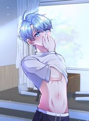  1boy black_pants blue_eyes blue_hair blush covering_own_mouth curtains guilty_challenge_(meme) hand_over_own_mouth hand_under_clothes highres male_focus meme midriff navel original pants rabbitjanthra short_hair solo stomach window 