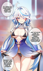  ahoge alternate_breast_size bad_id bad_pixiv_id bikini black_bikini blue_dress blue_eyes blue_hair blush breasts clothes_lift commentary cowboy_shot dress dress_lift english_text female focalors_(genshin_impact) foxyreine genshin_impact hair_between_eyes highres juliet_sleeves long_hair long_sleeves looking_at_viewer medium_breasts multicolored_hair paid_reward_available puffy_sleeves solo speech_bubble spoilers swimsuit thighs two-tone_hair white_hair 