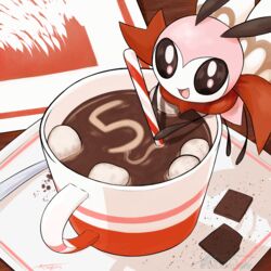  absurdres alternate_color candy candy_cane cup energylux food highres holding holding_candy holding_candy_cane holding_food hot_chocolate looking_at_viewer marshmallow no_humans open_mouth pokemon pokemon_(creature) ribombee shiny_pokemon solo 