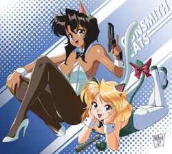  1990s_(style) 2girls armpits black_hair black_pantyhose blonde_hair blue_eyes bow breasts copyright_name cz_75 danmakuman dark-skinned_female dark_skin explosive green_leotard grenade gun gunsmith_cats handgun kittysuit leotard lying m26_grenade minnie_may_hopkins multiple_girls nontraditional_playboy_bunny on_stomach pantyhose rally_vincent red_bow retro_artstyle stielhandgranate weapon white_leotard white_pantyhose 