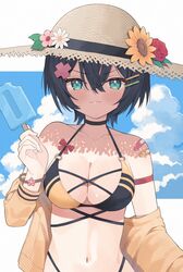  &gt;:) bandaid bandaid_on_shoulder bare_shoulders bikini black_bikini black_hair blue_eyes blue_sky blush breasts brown_hat brown_jacket cleavage closed_mouth cloud cloudy_sky commentary_request day female flower food hair_between_eyes hair_ornament hairclip hat hat_flower highleg highleg_bikini highres holding holding_food holding_popsicle jacket looking_at_viewer medium_breasts navel nirareba off_shoulder open_clothes open_jacket orange_flower original pink_flower popsicle red_flower red_rose rose sky smile solo straw_hat swimsuit upper_body v-shaped_eyebrows white_flower x_hair_ornament 