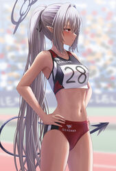  alternate_costume armpits bare_arms bare_shoulders black_ribbon black_tail blue_archive blurry blurry_background blush breasts buruma closed_mouth cowboy_shot crop_top demon_girl demon_tail female grey_hair hair_between_eyes hair_intakes hair_ribbon halo hands_on_own_hips highres iori_(blue_archive) long_hair looking_to_the_side midriff navel number_print outdoors pointy_ears ponytail profile race_bib red_buruma red_eyes ribbon shirt sidelocks silver_bullet_(ecc12_8) sleeveless sleeveless_shirt small_breasts solo sports_bikini sportswear stomach straight_hair tail text_print thighs track_and_field very_long_hair 