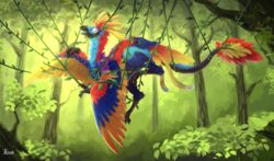  2020 absurd_res alpha_(comico) ambiguous_gender archaeopteryx black_claws claws colorful_theme day detailed detailed_feathers detailed_fur dinosaur entangled extinct eyespots feathered_crest feathered_dinosaur feathered_scalie feathers feral forest forest_background full-length_portrait fur green_eyes green_tongue head_crest hi_res hybrid leaf long_neck looking_down markings multicolored_body nature nature_background plant portrait prehistoric_species raised_leg reptile rizent scalie sharp_teeth side_view solo spread_wings suspended_in_midair suspended_via_vines tail tail_feathers tail_tuft teeth theropod tongue tree tuft vines winged_arms wings 