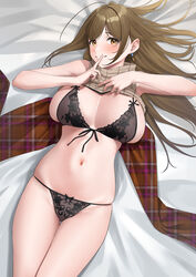  absurdres bed_sheet bikini blush breasts brown_hair brown_scarf brown_sweater clothes_lift commission female front-tie_bra groin hair_spread_out highres idolmaster idolmaster_shiny_colors kuwayama_chiyuki large_breasts looking_at_viewer lying navel on_back plaid plaid_scarf ribbed_sweater scarf shinonome_shake sideboob skeb_commission skindentation sleeveless sleeveless_sweater smile solo stomach string_bikini sweater sweater_lift swimsuit thigh_gap 