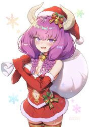  aura_(sousou_no_frieren) bare_shoulders bell blush bow braid breasts christmas cleavage clothing_cutout crying crying_with_eyes_open demon_girl demon_horns dress elbow_gloves female fur-trimmed_dress fur-trimmed_gloves fur-trimmed_headwear fur_trim gloves hair_bell hair_between_eyes hair_ornament hairbow hat highres holding holding_sack holly horns long_hair looking_at_viewer low-braided_long_hair low-tied_long_hair lower_teeth_only multiple_braids navel navel_cutout neck_bell open_mouth purple_eyes purple_hair quad_braids red_dress red_gloves red_hat red_thighhighs sack santa_dress santa_hat skindentation snow snowflakes solo sousou_no_frieren strapless strapless_dress suga_masashi tears teeth thighhighs thighs white_background 