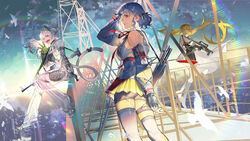  3girls absurdres animal_ears assault_rifle bike_shorts bird black_gloves blonde_hair blue_eyes blue_hair braid breasts bullpup cat_ears cat_tail cityscape cloud cloudy_sky crane_(machine) fingerless_gloves floating_hair french_braid girls&#039;_frontline girls&#039;_frontline_2:_exilium gloves gun gun_sling heterochromia highres holding holding_gun holding_weapon lens_flare lirensheng long_hair medium_hair multiple_girls oerba_yun_fang open_mouth orange_eyes ots-14_(girls&#039;_frontline) peritya_(girls&#039;_frontline_2) pleated_skirt pump_action red_eyes rifle shotgun shotgun_shell simple_bird sitting skirt sky smile spas-12 spas-12_(girls&#039;_frontline) tail weapon white_hair yellow_eyes 