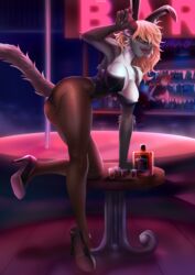  absurd_res alcohol anthro ass bar beverage black_latex blonde_hair bodysuit breasts carol_(vanrixie) cat_tail cleavage clothed clothing detailed_background digital_media_(artwork) digital_painting_(artwork) fake_ears fake_rabbit_ears felid feline female fluffy fluffy_ears fluffy_hair fluffy_shoulders fluffy_tail footwear furniture glowing grey_body group guide_lines hair hi_res high_heels inside jack_daniel&#039;s kneeling_on_table latex latex_clothing legwear mammal murfa nightclub pantyhose pink_glow pole scene_haircut skinsuit solo_focus stockings stripper_pole table tail tight_clothing tights white_body 