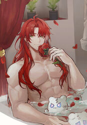  1boy abs ahoge androgynous argenti_(honkai:_star_rail) bathing bathtub closed_mouth convenient_censoring covered_nipples creature curtained_hair curtains flower hair_censor highres holding holding_flower honkai:_star_rail honkai_(series) kkong_x korean_commentary long_hair male_focus multicolored_hair nude parted_bangs petals petals_on_liquid plant potted_plant red_flower red_petals red_rose rose smile solo streaked_hair topless_male upper_body water wubbaboo_(honkai:_star_rail) 