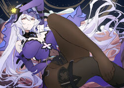  arm_belt armpits belt black_pantyhose black_swan_(honkai:_star_rail) breasts commentary covered_navel dress elbow_gloves feet female floating_hair foot_out_of_frame gloves hair_spread_out highres honkai:_star_rail honkai_(series) knee_up legs long_hair looking_at_viewer lying no_shoes on_back pantyhose purple_dress purple_eyes purple_gloves purple_veil solo thigh_belt thigh_strap toes unfinished very_long_hair white_hair xfate 