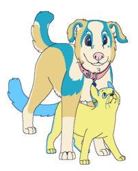  2014 aliasing alpha_channel ambiguous_gender bird_dog black_nose blue_(sebdoggo) blue_body blue_eyes blue_fur blue_markings button_ears canid canine canis chow_chow collar digital_drawing_(artwork) digital_media_(artwork) digitigrade domestic_cat domestic_dog duo ear_piercing eye_contact facial_piercing felid feline felis feral flat_colors floppy_ears fur gauged_ear golden_retriever grey_sclera hunting_dog larger_on_top lip_piercing looking_at_another mammal markings microsoft_paint_(artwork) mixed_breed on_bottom on_top paws piercing pink_collar pink_nose plug_(jewelry) raised_tail retriever sebdoggo simple_background size_difference smaller_on_bottom smile snakebite_piercing spitz standing tail transparent_background whiskers white_body white_fur yellow_body yellow_fur 