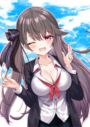  azur_lane bow breasts brown_hair cleavage collared_shirt female hairbow hands_up highres jacket large_breasts long_hair neckerchief oerba_yun_fang one_eye_closed open_mouth pamiat_merkuria_(azur_lane) partially_unbuttoned school_uniform shirt side_ponytail skin_fang sky smile smug wanko_meria 