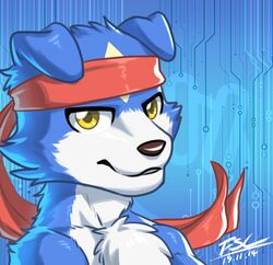  2019 anthro bandai_namco bandana black_nose blue_background blue_body blue_fur chest_tuft countershade_face countershade_neck countershading dated digimon digimon_(species) digital_media_(artwork) fansl floppy_ears fur gaomon hi_res kerchief male red_bandanna red_kerchief signature simple_background solo tuft white_body white_fur yellow_eyes 