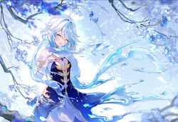  ahoge blue_eyes blue_hair branch closed_eyes commentary_request crying dress female focalors_(genshin_impact) genshin_impact hair_between_eyes highres juliet_sleeves light_blue_hair long_hair long_sleeves miaogujun multicolored_hair puffy_sleeves sidelocks smile solo tears water white_dress white_hair 