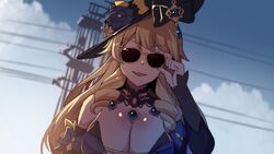  :d adjusting_eyewear bare_shoulders black_headwear blonde_hair blue_sky breasts cleavage cloud cyberpunk_(series) cyberpunk_2077 english_commentary facing_viewer female genshin_impact hand_up highres hinghoi large_breasts navia_(genshin_impact) open_mouth outdoors parody sky smile solo sunglasses upper_body 