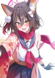  animal_ears black_gloves blue_archive blush brown_hair cropped_shirt female fox_ears fox_hair_ornament gloves hair_between_eyes halo highres izuna_(blue_archive) looking_at_viewer md5_mismatch midriff neckerchief oerba_yun_fang partially_fingerless_gloves pink_halo red_neckerchief school_uniform serafuku simple_background skin_fang smile solo white_background yampa yellow_eyes 