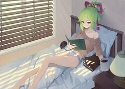  1boy arataki_itto barefoot bed bedroom blue_panties book calvin_klein commentary_request cup female genshin_impact green_hair grey_sweater highres holding holding_book holding_cup indoors kuki_shinobu long_sleeves mug ningen_gokko no_pants off-shoulder_sweater off_shoulder panties pillow ponytail reading short_hair single_bare_shoulder solo_focus sweater thighs underwear white_panties window_blinds 