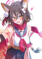  animal_ears black_gloves blue_archive blush brown_hair commentary cropped_shirt female fox_ears fox_hair_ornament gloves hair_between_eyes halo highres izuna_(blue_archive) looking_at_viewer midriff neckerchief oerba_yun_fang partially_fingerless_gloves pink_halo red_neckerchief revision school_uniform serafuku simple_background skin_fang smile solo white_background yampa yellow_eyes 