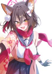  animal_ears black_gloves blue_archive blush brown_hair cropped_shirt female fox_ears fox_hair_ornament gloves hair_between_eyes halo highres izuna_(blue_archive) looking_at_viewer md5_mismatch midriff neckerchief oerba_yun_fang partially_fingerless_gloves pink_halo red_neckerchief revision school_uniform serafuku simple_background skin_fang smile solo white_background yampa yellow_eyes 