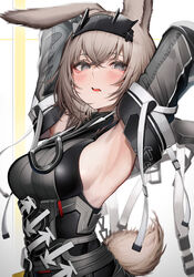  absurdres arknights arknights:_endfield armpits avywenna_(arknights) black_hairband breasts brown_hair commentary_request detached_sleeves female grey_eyes hairband highres large_breasts looking_at_viewer open_mouth short_hair solo tab_head tail 