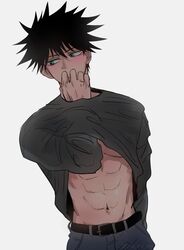  1boy absurdres belt black_hair black_pants black_shirt blush clothes_lift fushiguro_megumi green_eyes guilty_challenge_(meme) highres ita_mi_ng jujutsu_kaisen male_focus meme navel pants shirt shirt_lift short_hair solo spiked_hair stomach toned toned_male 