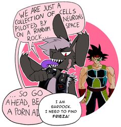  2023 anthro band-aid band-aid_on_face bandage bandage_on_face bardock black_bottomwear black_clothing black_hair black_jacket black_pants black_topwear bottomwear cheek_tuft clothing dialogue digital_media_(artwork) dragon_ball duo english_text facial_tuft fangs fanteliscio fur gesture green_clothing green_topwear grey_body grey_fur hair half-closed_eyes hand_gesture hi_res humor jacket lagomorph leather leather_clothing leather_jacket leather_topwear leporid male mammal narrowed_eyes nick_(the_xing1) occult_symbol open_mouth open_smile pants parody patch_(fabric) pentagram pointing pointing_at_self purple_tongue rabbit red_eyes saiyan simple_background sleeveless_jacket smile speech_bubble standing symbol teeth text thumbs_up tongue tongue_out topwear tuft 