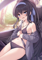  bags_under_eyes bare_shoulders between_breasts bikini black_bikini black_hair blue_archive blue_eyes blush breasts car_interior chinese_commentary cleavage collarbone commentary_request female grey_sweater hairband halo highres jewelry long_hair long_sleeves looking_at_viewer milkshakework navel necklace off_shoulder official_alternate_costume open_clothes open_mouth ponytail seatbelt sidelocks sitting small_breasts solo stomach sweat sweater swimsuit thighs ui_(blue_archive) ui_(swimsuit)_(blue_archive) very_long_hair 