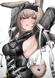  absurdres arknights arknights:_endfield armpits avywenna_(arknights) black_hairband blush breasts brown_hair detached_sleeves female gradient_background grey_background grey_eyes hairband highres large_breasts looking_at_viewer open_mouth short_hair solo tab_head tail 