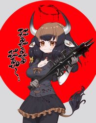  animal_ear_fluff animal_ears banteng_(kemono_friends) black_hair black_horns blood blood_halo blood_on_body blood_on_breasts blood_on_clothes blood_on_face blood_on_weapon blood_splatter bokusatsu_tenshi_dokuro-chan breasts brown_eyes brown_hair cleavage club_(weapon) cowboy_shot crossover crying crying_with_eyes_open elbow_gloves excalibolg eyelashes female frilled_skirt frills furrowed_brow gloves grey_horns halo hand_up highres holding holding_weapon horizontal_pupils horns kemono_friends kemono_friends_3 liquid_halo long_hair long_sleeves looking_at_viewer miniskirt multicolored_hair multicolored_horns notora ox_ears ox_girl ox_horns pantyhose shirt skirt solo spiked_club tail tears two-tone_hair weapon 