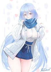  alternate_costume aran_sweater artist_name azur_lane black_hair blue_eyes blue_skirt breasts cable_knit commentary_request constellation_(azur_lane) dress female hair_between_eyes highres large_breasts livetarica long_hair long_sleeves looking_at_viewer simple_background skirt solo standing sweater very_long_hair white_background white_dress white_sweater 