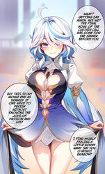  ahoge alternate_breast_size bad_id bad_pixiv_id blue_dress blue_eyes blue_hair blush breasts clothes_lift commentary_request cowboy_shot dress dress_lift english_text female focalors_(genshin_impact) foxyreine genshin_impact hair_between_eyes highres juliet_sleeves long_hair long_sleeves looking_at_viewer medium_breasts multicolored_hair navel paid_reward_available puffy_sleeves solo speech_bubble spoilers swimsuit thighs two-tone_hair white_hair 