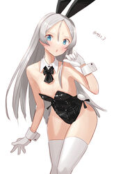  alternate_costume animal_ears black_neckerchief blue_eyes breasts detached_collar feet_out_of_frame female forehead gloves grey_hair highres javelin_(kancolle) kantai_collection leaning_forward long_hair looking_at_viewer loose_hair_strand neckerchief one-hour_drawing_challenge playboy_bunny rabbit_ears rabbit_tail simple_background small_breasts solo tail tetsukuzu_(yajirushi_shita) thighhighs twitter_username white_background white_gloves white_thighhighs wrist_cuffs 