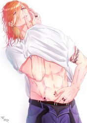  1boy arm_tattoo belt blue_eyes blue_pants character_request closed_mouth clothes_lift copyright_request earrings grey_male_underwear guilty_challenge_(meme) highres jewelry long_hair male_focus male_underwear meme muscular muscular_male navel orange_hair pants rennyuu_ichigo shirt shirt_lift simple_background solo stomach tattoo underwear white_background white_shirt 