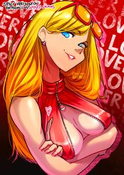  absurdres alternate_hairstyle artist_name blonde_hair blue_eyes bodysuit breasts eyewear_on_head female full-length_zipper hair_down haysey heart highres persona persona_5 red_bodysuit sunglasses takamaki_anne zipper 