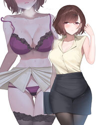  ass_visible_through_thighs bare_arms bare_shoulders black_pantyhose black_skirt black_thighhighs blush bra breasts brown_hair cleavage closed_mouth commentary_request cowboy_shot female hand_up highres higuchi_madoka idolmaster idolmaster_shiny_colors jewelry large_breasts multiple_views navel necklace office_lady open_mouth panties pantyhose partial_commentary purple_bra purple_eyes purple_panties ring shirt shirt_tucked_in short_hair shougun_(chuckni1) skirt thigh_gap thighhighs thighs underwear white_background yellow_shirt 