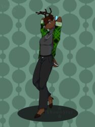  3:4 anthro antlers black_clothing blue_eyes blue_nose bottomwear brown_body brown_fur brown_hair chain_jewelry chain_necklace chains clothed clothing deer denim denim_bottomwear denim_clothing digital_media_(artwork) flannel fur green_clothing green_shirt green_topwear grey_clothing grey_topwear hair hi_res hooves horn jeans jewelry male mammal mistystar necklace pants pattern_background shaded shirt simple_background solo sweater tail topwear tuft turtleneck 