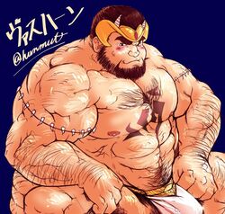  1boy abs arm_hair bara beard blue_background blush bulge buzz_cut chest_hair covered_penis crave_saga crown facial_hair full_beard fundoshi hairy japanese_clothes large_bulge large_pectorals long_sideburns looking_at_viewer male_focus mature_male muscular muscular_male navel_hair nipples pectorals plump short_hair sideburns solo sparse_chest_hair strongman_waist tatsumonji_yukara thick_beard thick_eyebrows thick_thighs thighs topless_male vaskhaan_(crave_saga) very_short_hair 