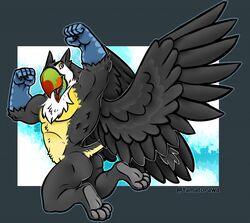  anthro ass avian beak bird black_body black_fur feathers fist_pump flying fur gryphon happy male muscular mythological_avian mythological_creature mythology paws solo tail talon_hands toucan wings yamatopawa 