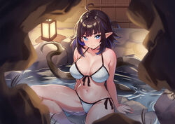  ahoge arknights bare_shoulders bikini black_trim blue_eyes blue_hair bob_cut breasts breasts_apart closed_mouth colored_inner_hair elf eunectes_(arknights) female front-tie_bikini_top front-tie_top halterneck lantern large_breasts light_blush light_smile looking_at_viewer medium_hair multicolored_hair navel onsen partially_submerged pointy_ears saylamars side-tie_bikini_bottom sitting snake_tail solo strap_gap swept_bangs swimsuit tail water white_bikini wide_hips 