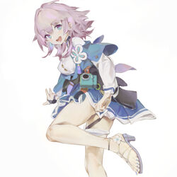  :d alternate_footwear aspirine4832 blue_eyes blue_jacket blue_skirt chinese_commentary collared_shirt feet female foot_out_of_frame from_side hair_between_eyes high_heels highres honkai:_star_rail honkai_(series) jacket kneepits legs long_sleeves looking_at_viewer march_7th_(honkai:_star_rail) march_7th_(preservation)_(honkai:_star_rail) medium_hair miniskirt nail_polish off_shoulder open_mouth pink_hair pleated_skirt purple_eyes sandals shirt simple_background single_bare_leg skirt smile solo standing standing_on_one_leg strappy_heels teeth toenail_polish toenails toes two-tone_eyes white_background white_shirt 