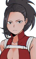  black_eyes black_hair boku_no_hero_academia breasts center_opening closed_mouth female hair_pulled_back highres leotard medium_breasts nishino_(fetv8484) ponytail red_leotard simple_background solo white_background yaoyorozu_momo 