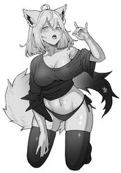  ahoge animal_ear_fluff animal_ears blush braid breasts commentary_request crossed_bangs fellatio_gesture female fox_ears fox_girl fox_shadow_puppet fox_tail greyscale hair_between_eyes highres hololive inamimi_(sheep1733) kneeling large_breasts looking_at_viewer medium_hair monochrome navel no_pants no_shoes off_shoulder open_mouth panties pentagram romaji_commentary shirakami_fubuki shirt short_sleeves side-tie_panties side_braid simple_background solo sweatdrop tail thighhighs tied_shirt tongue tongue_out underwear virtual_youtuber 