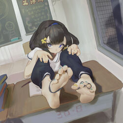  absurdres aqua_nails arknights aspirine4832 barefoot between_toes black_hair black_pants blue_eyes blue_hairband book chair chalkboard collared_shirt desk double-parted_bangs dutch_angle eunectes_(arknights) eyelashes feet feet_on_table female foot_focus foreshortening greek_toe hairband hands_on_own_knees highres indoors looking_at_viewer nail_polish pants school_chair school_desk school_uniform shadow shirt sitting soles solo toenail_polish toenails toes tongue tongue_out white_shirt window yellow_nails 