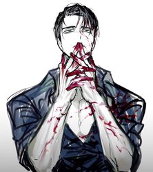  1boy black_hair black_shirt blood blood_on_clothes blood_on_face blood_on_hands collared_shirt green_eyes highres limbus_company long_sleeves male_focus meursault_(project_moon) parted_lips project_moon remsrar shirt simple_background sleeves_rolled_up solo upper_body white_background 