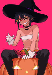  absurdres bandeau bare_shoulders belt black_choker black_hat black_thighhighs braid choker commentary_request cowboy_shot female flat_chest frilled_skirt frills gloves grin hair_between_eyes hair_ornament halloween halloween_costume hat highres jack-o&#039;-lantern jack-o&#039;-lantern_hair_ornament looking_at_viewer lulu_(pastime774) orange_belt original pastime774 pink_background red_eyes short_hair side_braid simple_background single_braid sitting skirt smile solo spread_legs thighhighs v-shaped_eyebrows white_gloves witch_hat 