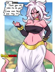  absurd_res alien alien_humanoid armwear big_breasts big_hair black_nails black_sclera blush blush_lines bottomwear bracelet breasts cleavage clothed clothing colored_nails dialogue dragon_ball english_text eyelashes female grey_armwear grey_clothing grey_topwear hair hand_on_hip hi_res humanoid humanoid_pointy_ears jewelry long_tail majin majin_android_21 nails navel necklace pink_body red_eyes silenttandem smile solo speech_bubble tail tailed_humanoid text topwear white_bottomwear white_clothing white_hair wide_hips 